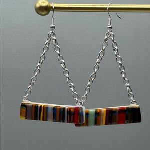 Multicolor Striped Earrings with Silver Chains